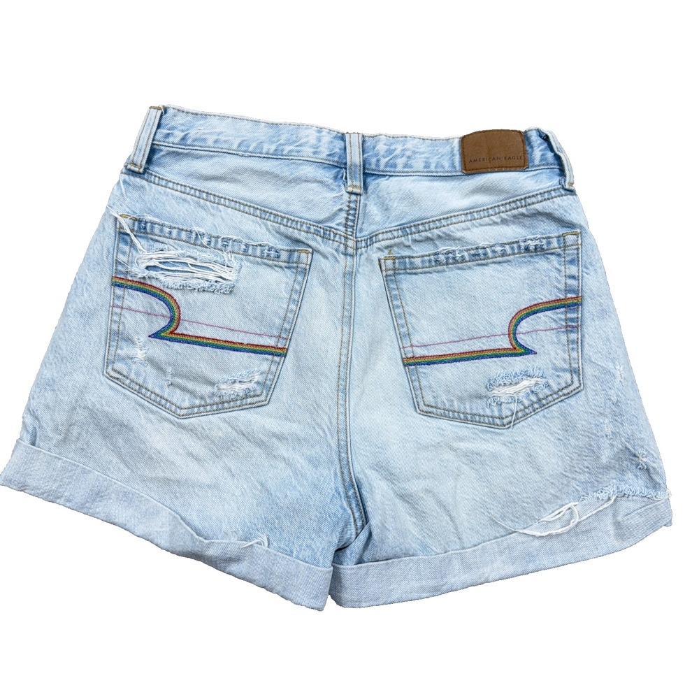 American Eagle Mom Shorts Women 2 Cut Off Cuffed Baggy Mom Med Wash Holes Jorts